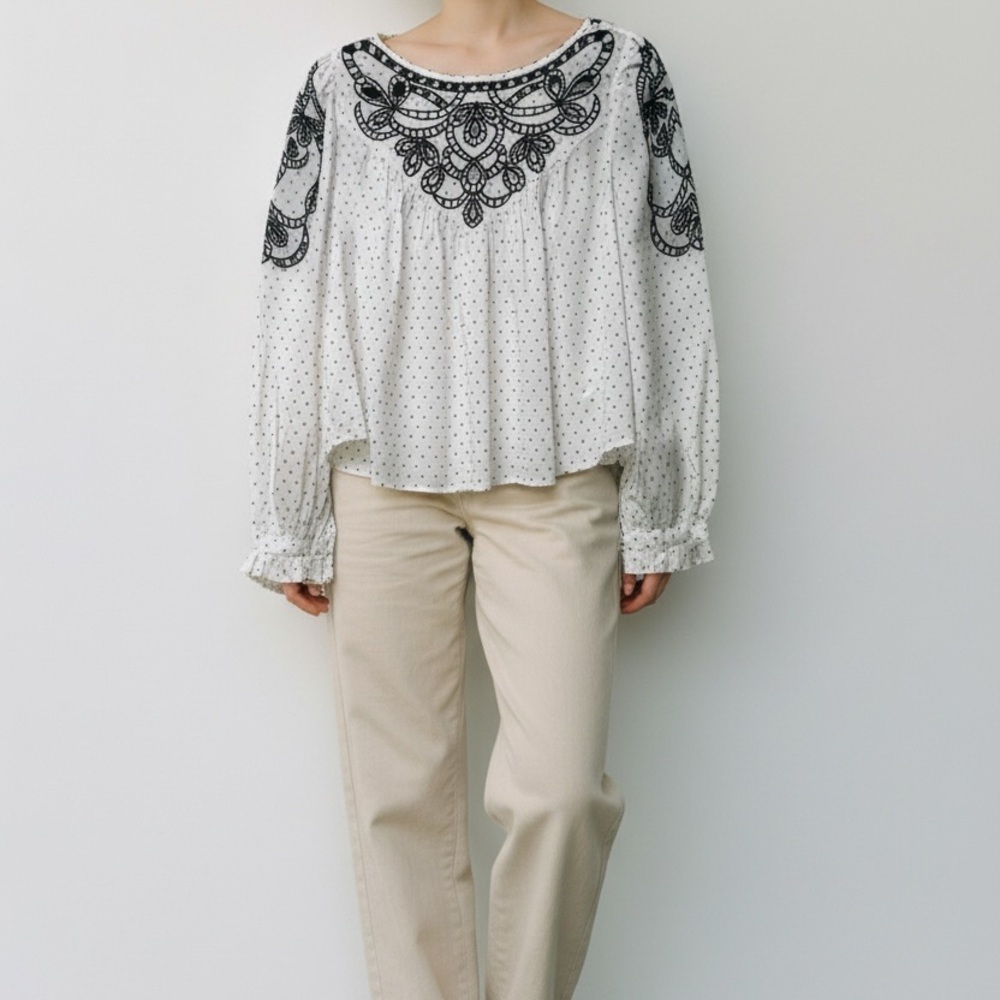 Free People Embroidered Boho Peasant Top | Ivory Black Lace Detail | Size XS